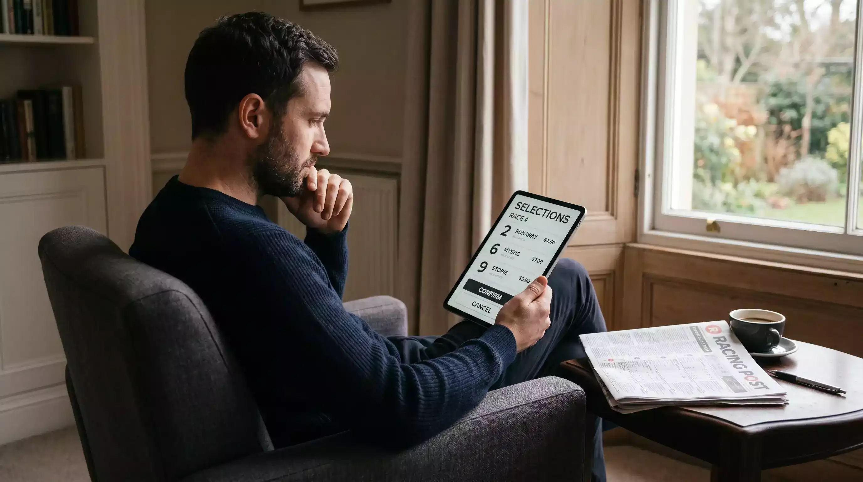 Punter reviewing horse racing betting options on mobile device